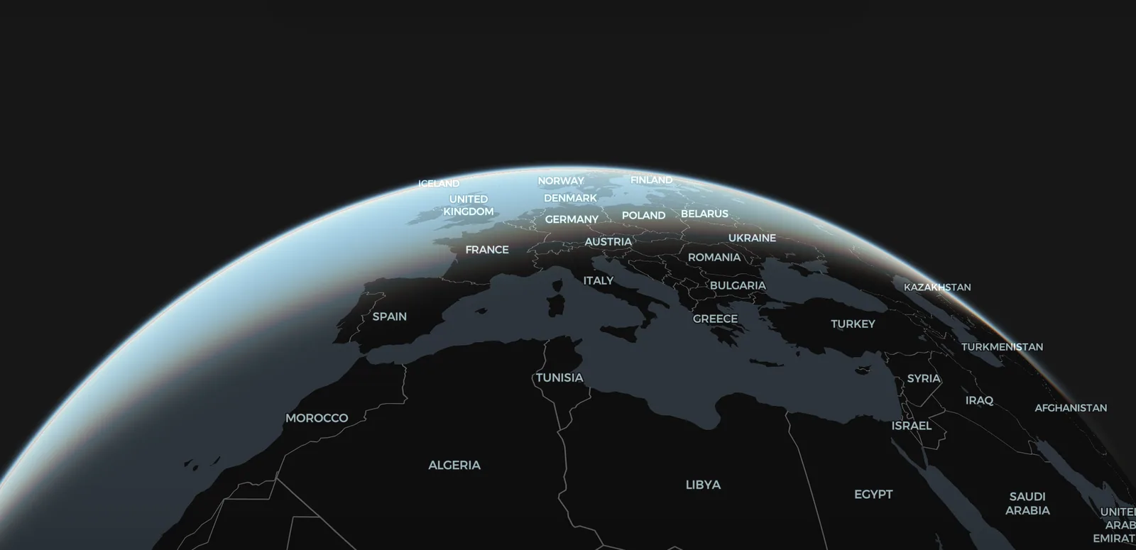 A tilted globe on a dark map style. A pale blue glow follows the curved edge of the planet, and Europe and North Africa are labeled with country names against a dark background.